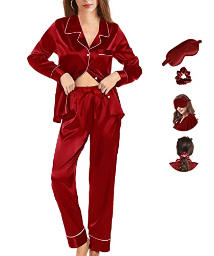 Womens Pajama Set Silk Satin Pajamas Long 2pc Pjs Button Down Sleepwear Pj Set Loungewear4