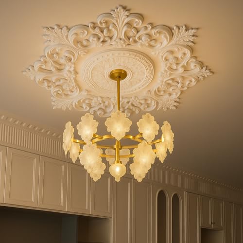 Image of Nuanchu 35.4'' Large PU Ceiling Medallion Combination Decorative 2.36'' ID French Style Chandelier Base Ceiling Medallion for Light Fixtures Victorian Rosette Light Covers for Chandeliers(Elegant)