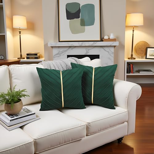 Image of Velvet Throw Pillow Covers 22x22 Pack of 2 Gold Decor Dark Green