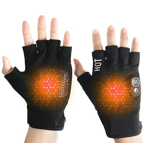 KBIBCK Rechargeable Heated Fingerless Gloves, Electric Heated Gloves with 3 Temperature Settings & Display, Portable USB Heated Fingerless Gloves for Winter Cold Weather Work Play Skiing Biking Hiking