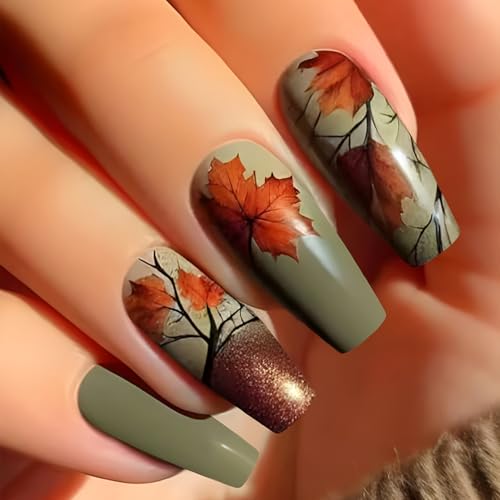 Vopintpy Vintage Thanksgiving Press on Nails Fall Maple Leaf Long Coffin Nails Autumn Maple Leaves Fake Nail Glossy Acrylic Glue on Nail for Women DIY Manicure