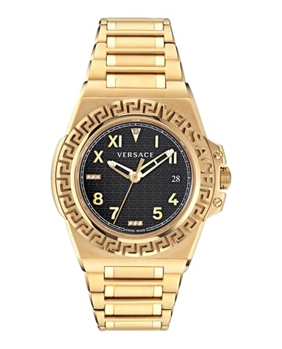 Versace Greca Reaction Collection Luxury Mens Watch Timepieces with a Gold Bracelet and Case Featuring a Black Dial
