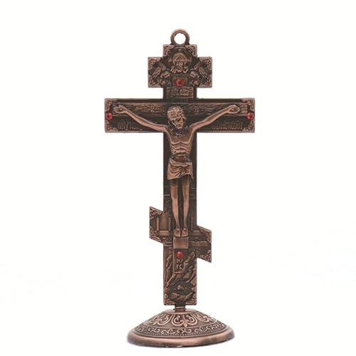 Orthodox Icon Cross Statue Crucifix Jesus Cross On The Stand Figurines Church Chapel Decoration Ornament Jewelry AM3JM (Red)