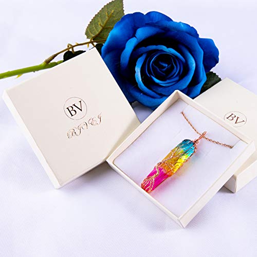 Bivei Tree of Life 7 Chakra Gemstone Copper Wire Wrap Irregular Clear Quartz Point Crystal Pendant Necklace(Rose Gold Plated Titanium Coated Multi Color)