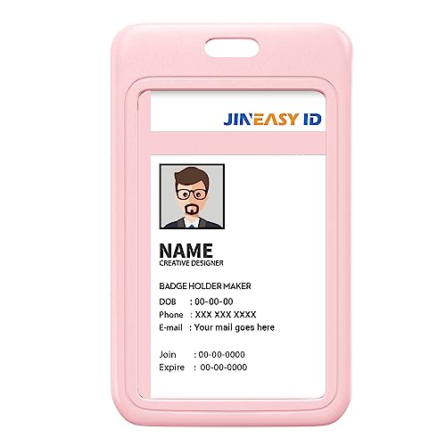 JINEASY ID 2 Pack Work ID Badge Holder Hard Plastic Vertical ID Badge Protector, Pink