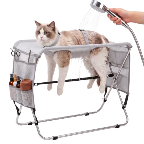 Pet Grooming Hammock for Small Dogs Cats Under 30 lbs, Stainless Steel Bracket, 30-Pound Weight Capacity, Foldable Dog Cat Grooming Table for Nail Trimming, Bathing & Care