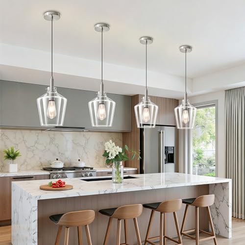 Image of Glass Pendant Lighting for Kitchen Island Foyer 2 Pack Nickel Clear 8 Inch | Adjustable cord Dimmable, E26 bulbs, Rust-resistant Damp Rated For Bathrooms, 5-Year Manufacturer Warranty, UL Certification