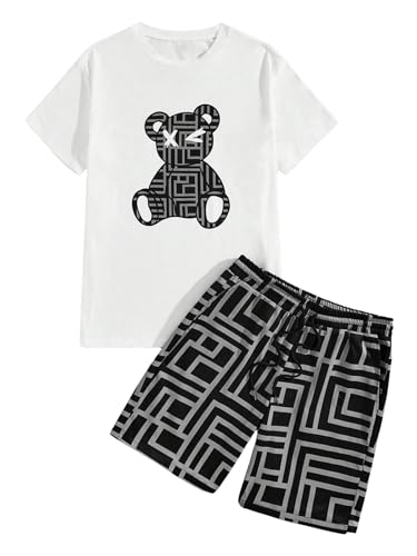 Men's 2 Piece Tracksuits Set Short Sleeve Cartoon Bear Graphic Tees and Camo Shorts Gym Clothes