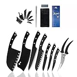XYJ 7 Piece Knife Roll Set Full Tang Top Black Kitchen Knives Set With Sharpener Whetstone Scissors