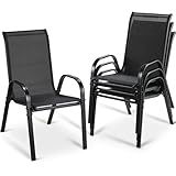 MAMIZO Patio Dining Chairs, Stackable All Weather Teslin Chair, Heavy Duty Outdoor Breathable Chairs Set, w/Armrests, Upgraded Chair FeetW/Strenthened Iron Spacers, 330 LBS (Black, Set of 4)