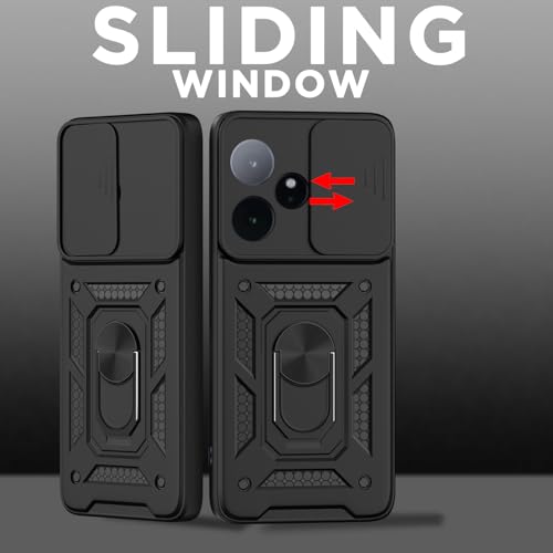Image of Pikkme Back Cover for Realme GT 7 5G / GT 7T 5G | 360 Protection Case | Sliding Camera Shield Cover & Ring Holder Stand D10 Tough Armor Bumper Case (Black)