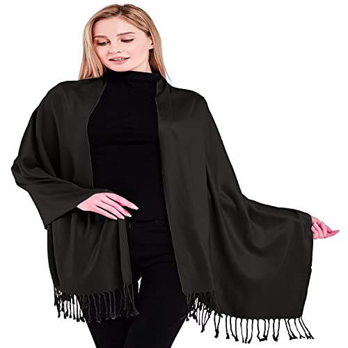 CJ Apparel Black Solid Color Tassels Design Nepalese Shawl Seconds Scarf Wrap Stole Throw Head Wrap Pashmina Hand Made in Nepal New
