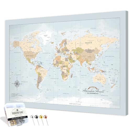 Image of IPIC - Blue Ocean World Map Pin Board Canvas Wall Art, Travel Map with Pins Included, Ready to Hang for Home or Office 24x16 Inch