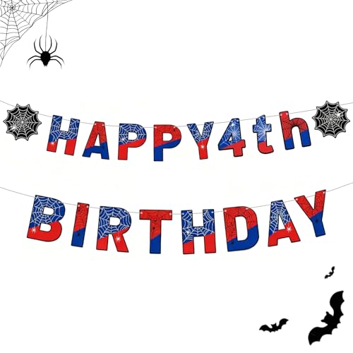 Pre-strung Happy 4th Birthday Spiderman Banner, Spiderman and His Amazing Friends Birthday Banner Superhero Bday Backdrop Sign for 4 Years Old Boys and Girls