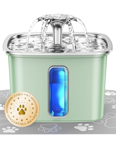 Image of Veken Innovation Award Winner Stainless Steel Cat Water Fountain, 108oz /3.2L Automatic Pet Fountain Dog Water Dispenser with Replacement Filters & Silicone Mat for Cats, Dogs (Tea Green)