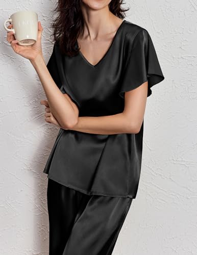 Image of Ekouaer Women's Satin Silky Pajama Set 2 Piece Short Sleeve Shirt with Long Pants Pjs Sets Soft PJ Loungewear S-XXL