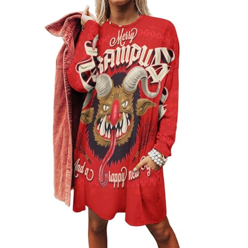 Image of Merry Krampus Women Dress Longsleeve Sweatshirts Casual Loose Pullover Oversized Tunic with Pocket L