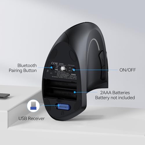 TECKNET Ergonomic Mouse, Wireless Bluetooth Vertical Mouse, 4800 DPI Optical Tracking, 6 Adjustable DPI, Quiet Clicks, 2.4GHz with USB A Receiver, 12 Months Battery, 6 Buttons, Wide Compatibility - 4