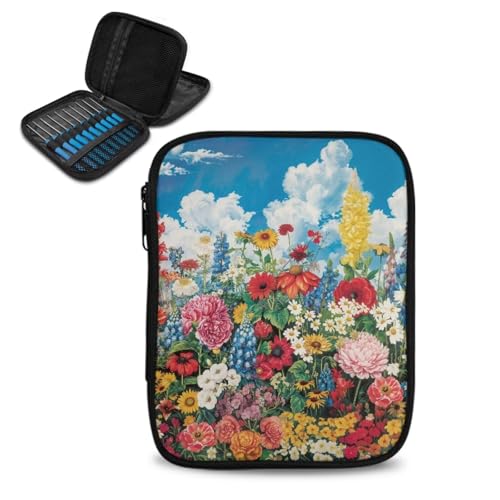 Yuresuaet Flowers Crochet Hook Organizer Case Interchangeable Knitting Needle Case with Mesh Pocket and Compartment Popular Crochet Needle Case for Crochet Hooks and Knitting Accessories