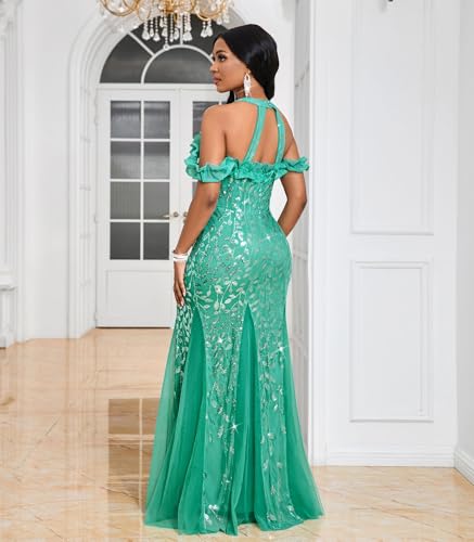 Image of Cololura Women Sexy Sequin Halter Neck Short Sleeve Mesh Perspective Party Bodycon Evening Cocktail Maxi Dress