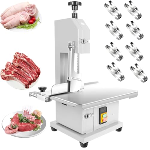 2500W Commercial Electric Meat Bandsaw, Stainless Steel Countertop Bone Sawing Machine with 8 Blades, 19.6" x 15.3" Workbeach, 0-7.9 Inch Cutting Thickness, Bone Saw for Butchering Frozen Rib Beef