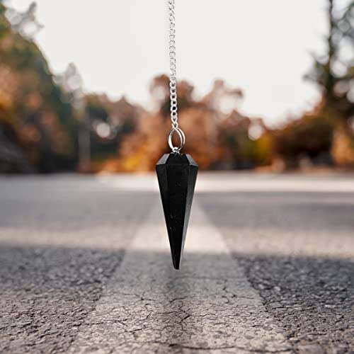 Image of Shubhanjali Crystal Black Tourmaline Point Pendulum Dowsing 1 Pcs | Feng Shui Black Tourmaline 6 Faceted Dowsing Stone Pendulum with Chain Beads for Meitaiton Handheld Massager