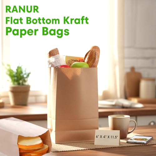 Image of RANUR Large Square Bottom Or Flat Bottom Paper Bags Made Of Brown Fold Top Craft Paper,Size 6 inch X 4 inch X 11.5 inch (100,Count)
