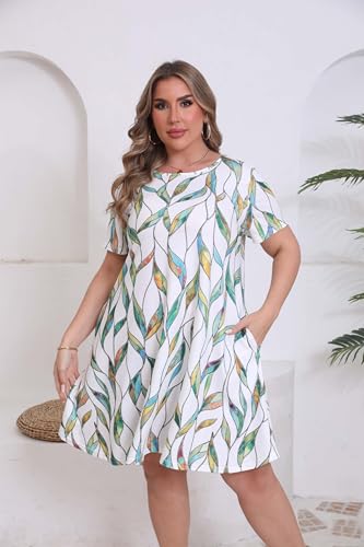 Image of 3X Plus Size Summer Dresses for Women Casual Floral Print T Shirt Dress with Pockets Above Knee Knegth White