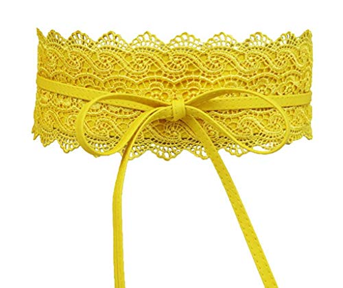 Bigood Large Ceinture de Robe Dentelle Élégant au Lacet PU Cuir Artificiel Jaune