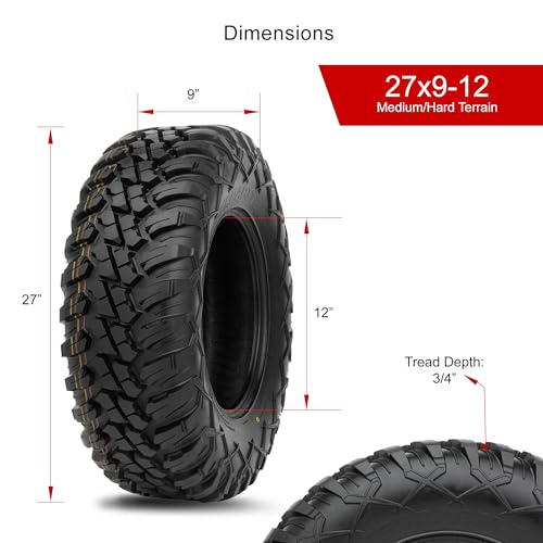 Tusk Terrabite Set of 4 UTV/ATV Tires – 27x9-12 Front & 27x11-12 Rear – 8-Ply Rated Radial Construction, ¾″ Deep Tread, Medium-Hard Terrain, High Load Capacity, Heavy Duty Sidewall Tread Armor