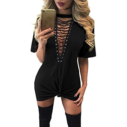 Sexyshine Women's Sexy Deep V Neck Halter Lace Up Mini T-Shirt Party Clubwear Club Dress(BL,XL) Black Cover
