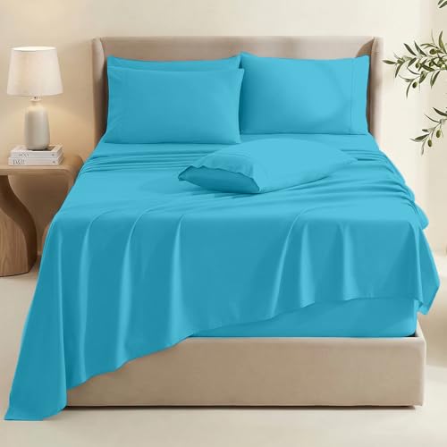 Image of Hearth & Harbor Bed Linen Set - Split King Size, 6 Piece, Extra Deep Pocket, Microfiber, Beach Blue