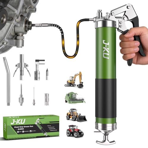 J-KU Grease Gun, 14 oz Manual Pistol Grip Grease Gun Kit – Heavy Duty 8000 PSI High Pressure Grease Gun with Air Bleed Valve for Easy Priming, Flexible Hose & 6 Nozzles for Automotive, Marine, Tractor by J-KU - Used condition - US$26.71