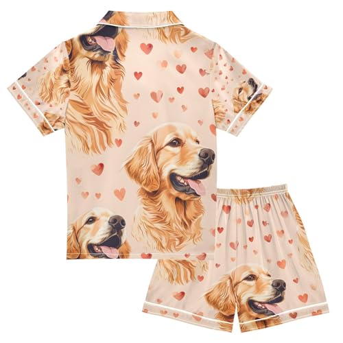 senya Golden Retriever Dog Hearts Satin Summer Pajama Sets Silk Short Sleeve Button Down Sleepwear2