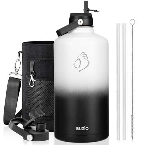 BUZIO 1 Gallon Water Bottle, 128oz Insulated Water Jug Double Walled Vacuum Stainless Steel Travel Flask (Cold for 48 Hrs), Leak Proof BPA-Free Large Canteen with Straw Lid, Black White 128 