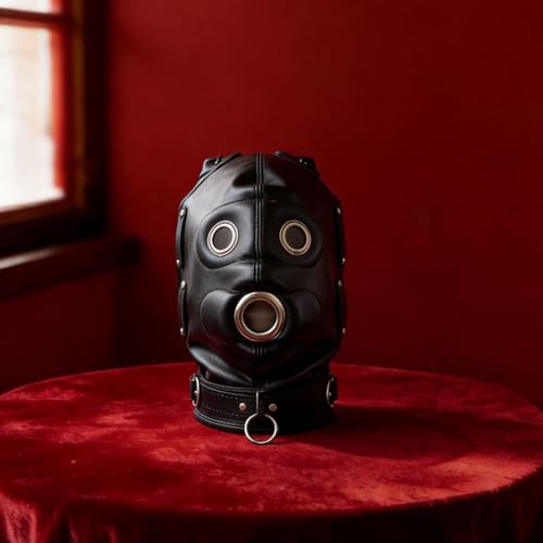 Image of FST Black Leather Bondage Hood,Full Face Blinder Detachable Cover Eye Dildo Mouth Gag Head Hood, for Unisex Adult Play