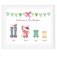 Personalised Christmas Wellington Boots Family Watercolour Premium Print Picture A5, A4 & Framed Options, Welly Art - Design 1
