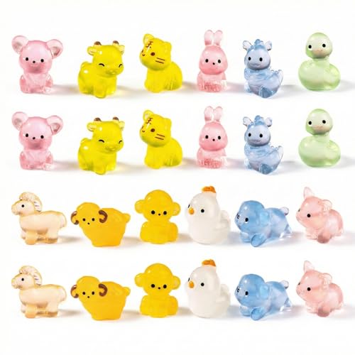 JYXNU 24 peças de pequenos animais de resina, mini animais de resina que brilham no escuro, para artesanato, figuras em miniatura para aquário, casa de bonecas (12 tipos de animais)