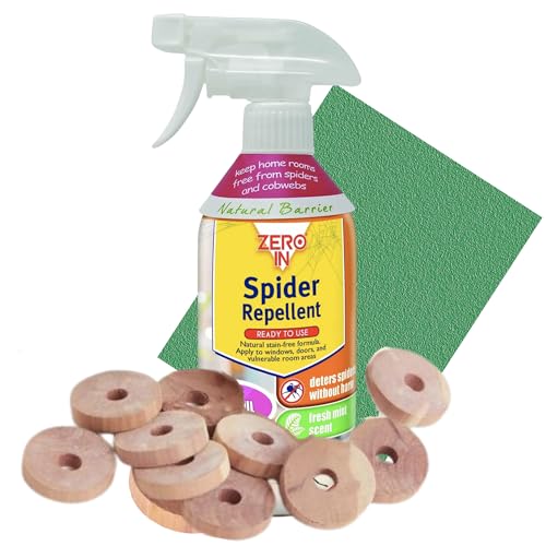 Spider Repellent Kit with Zero in Peppermint Oil Spider Repellent Spray and Anti Spider Wardrobe Fresheners – includes Pest Control Products: 1x Zero in Spray & 10 Cedar Wood Rings.