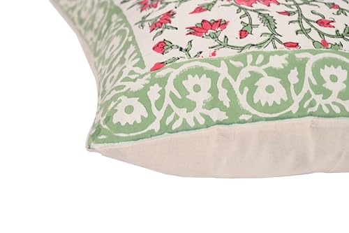 Image of Cotton Cushion Covers 16x16 Inch - Hand Block Floral Print Pillow Covers for Sofa, Couch & Bedroom (Pack of 5) (Green)