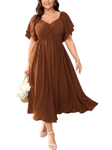 SCOMCHIC Women's Plus Size Wedding Guest Cocktail Dresses Sweetheart Neckline Ruffle Sleeve A Line Maxi Dress Rust