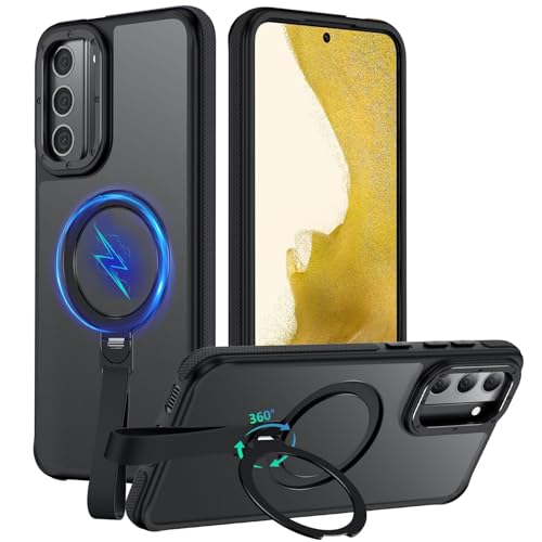 Mondelete 360°Spin Magnetic Stand with Silicone Strap for Samsung Galaxy S22 Plus Case[Fit for MagSafe], Mil-Grade Shockproof Translucent S22+Plus Phone Case with Kickstand&Ring Holder (Black)