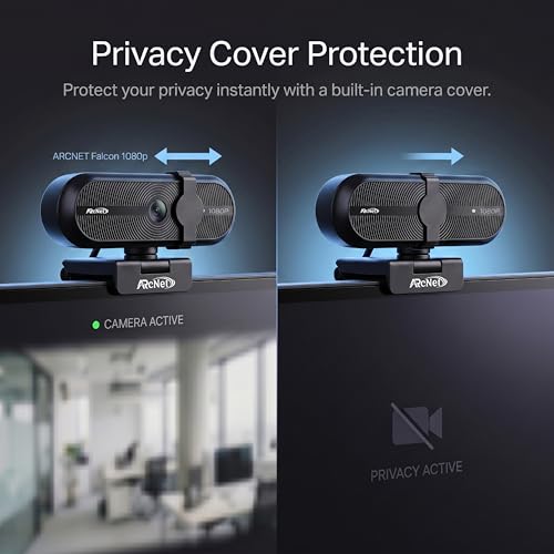 Image of ARcNet Falcon Full HD 1080p /30fps Webcam with Microphone & Privacy Cover, USB HD Computer Web Camera, Plug and Play, for Zoom /Skype /Teams, Conferencing and Video Calling, 90-Degree Wide Angle Lens