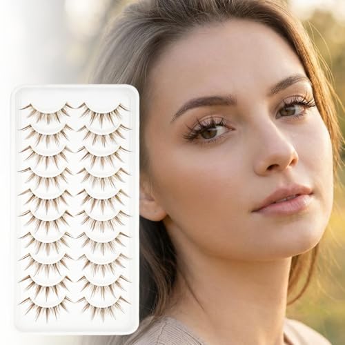 Image of MAYCREATE 10 Pairs Brown Lashes Natural Light Brown False Eyelashes Clear Band Faux 3D Mink False Eyelashes Natural Looking Fluffy Cat Eye Wispy Strip Lashes