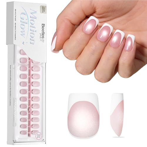 Image of Beetles Short French Tip Press On Nails, 160PCS Cat Eye Pink Squoval