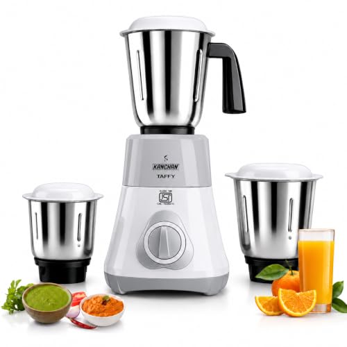 Image of Kanchan Mixer Grinder with 3 Stainless Steel Jars (650 Watts) - Tough Grinding & Fast Smooth Blending with Large Steel Jars (1.5 Ltr, 1 Ltr & 400ml Chutney Jar), Powerful Motor, ISI, 2 year Warranty