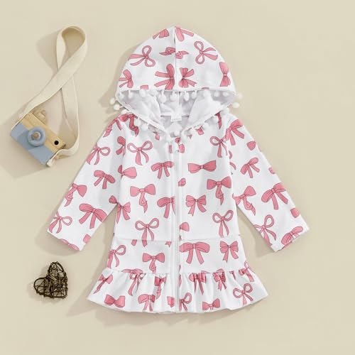 Image of Girls Terry Cloth Swim Cover Up Zip Up Hooded Bathing Suit Coverup Wraps Rufled Kids Pool Beach Robe Cover-Up Dress