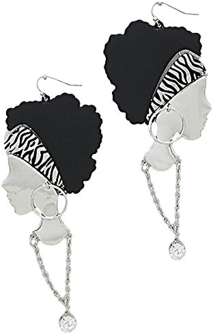 Statement Silver Plated Dangle Afro Lady Diva with Zebra Scarf Earrings 4 Inches Long