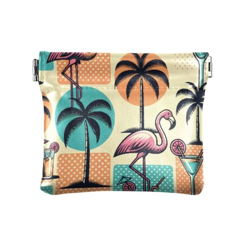 Flamingos Plam Trees Cocktails Coin Purse Leather Pouch Change Purse, Squeeze Coin Pouch for Cards, Keys & Lipsticks, Unisex