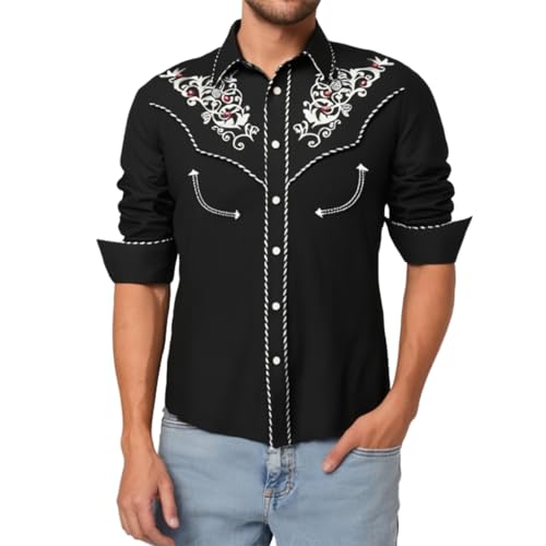 Rrongwn Disfraz de vaquero para hombre, camisa tradicional, corte ajustado, camisa de ocio, camisas vintage, ropa de country, camisas de algodón, camisa de negocios, elástica, manga larga, camisas